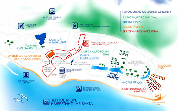 Карта курортного комплекса на берегу Имеретинской бухты в Сочи