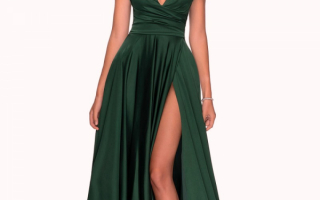 Вечернее зеленое длинное платье на бретелькахс V-образным вырезом и высоким разрезом