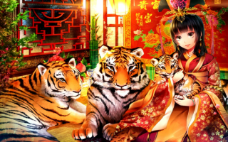 Аниме девушка с тиграми