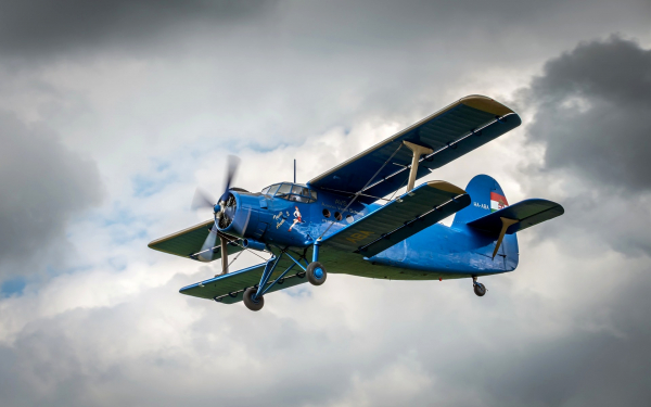 Синий биплан в полете