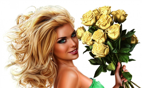 Девушка с букетом роз 3d