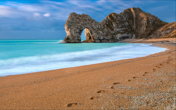 Каменный динозавр на морском берегу
