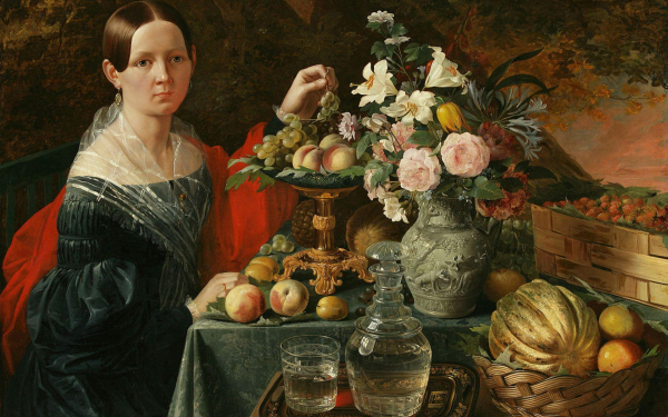 Иван Хруцкий. Портрет женщины с цветами и фруктами