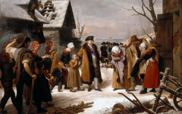 Луи Эрсан. Людовик XVI, раздающий милостыню крестьянам Версаля зимой 1788 года