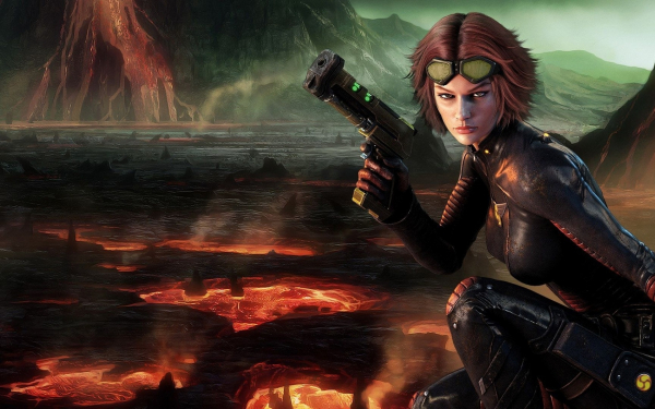 Девушка с пистолетом на вулкане