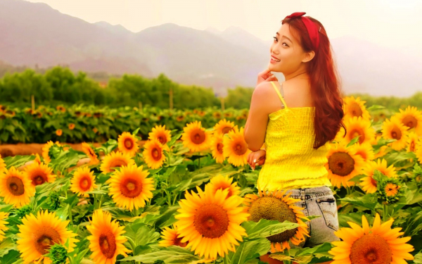 Азиатка в подсолнухах
