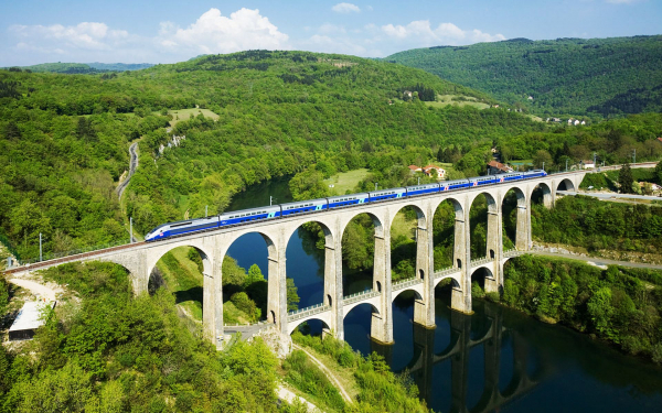 Поезд едет по мосту