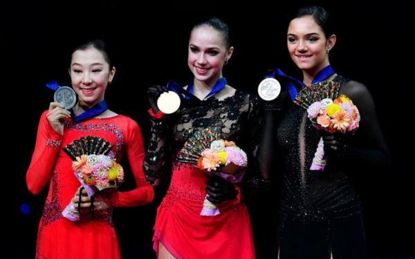 Призеры чемпионата мира по фигурному катанию 2019 Элизабет Турсынбаева, Алина Загитова и Евгения Медведева