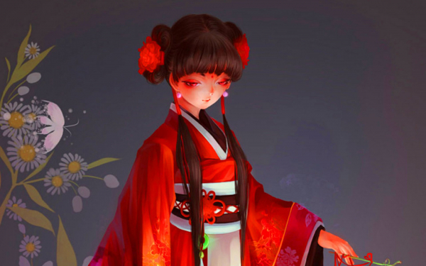 Аниме девушка в красном кимоно