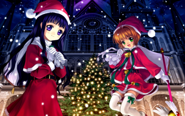 Аниме девчонки с новогодней елкой