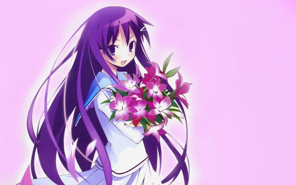 Аниме девушка с букетом цветов