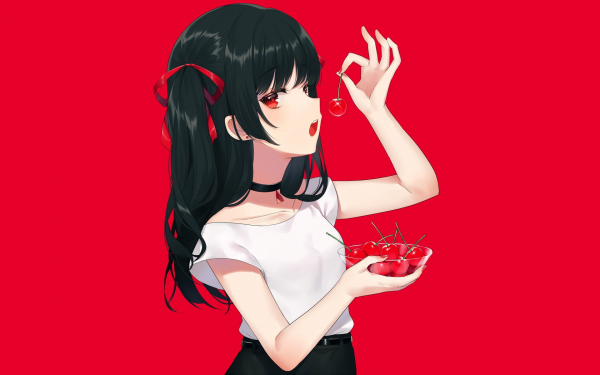 Аниме брюнетка с вишнями