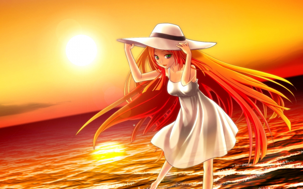 Аниме девушка в белом платье и шляпе