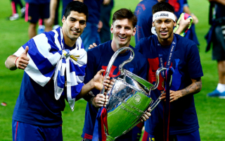 Суарес, Месси и  Неймар с кубком европейских чемпионов