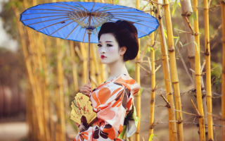 Азиатка с зонтиком и веером