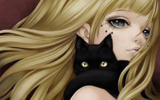 Аниме девушка с черной кошкой
