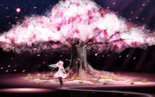 Аниме девушка у цветущего дерева