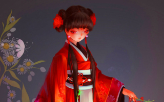 Аниме девушка в красном кимоно