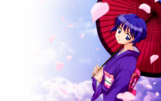 Аниме девушка в кимоно с зонтиком