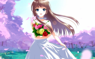 Аниме девушка с букетом цветов