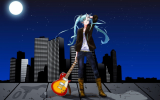 Девушка аниме с гитарой на крыше